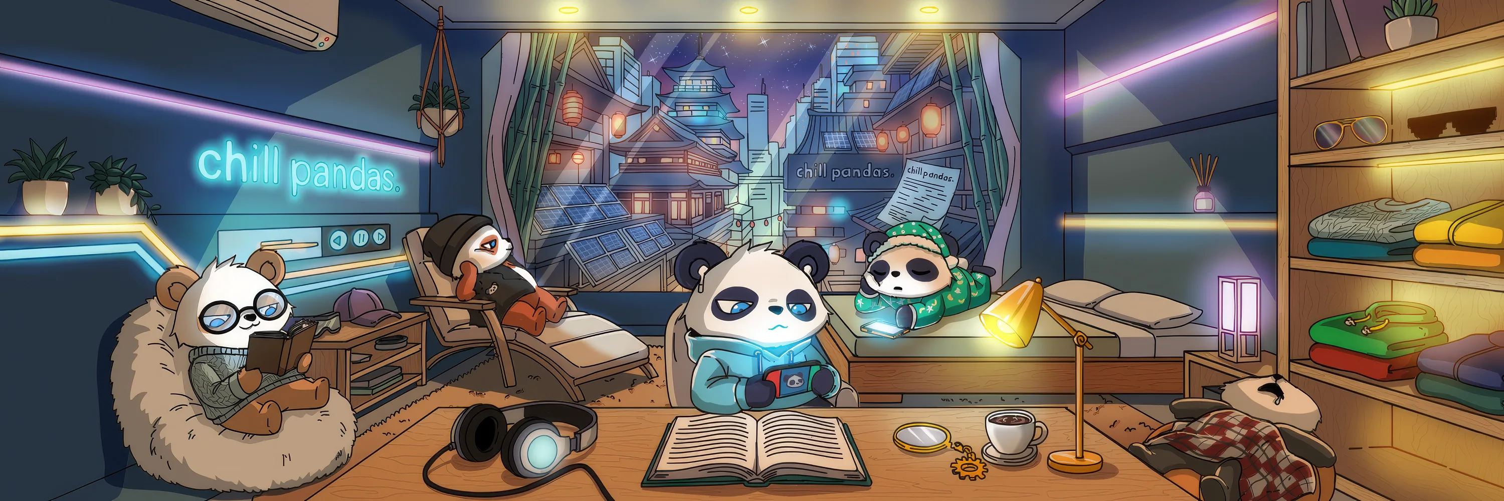pandas hanging out in their cyberpunk apartment at night
